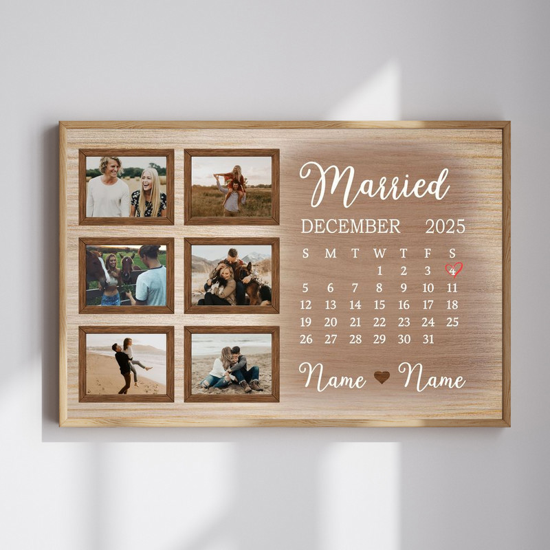 Wedding day photo collage canvas wall art with personalized calendar, couple's names and date, landscape orientation | Familywalldecor