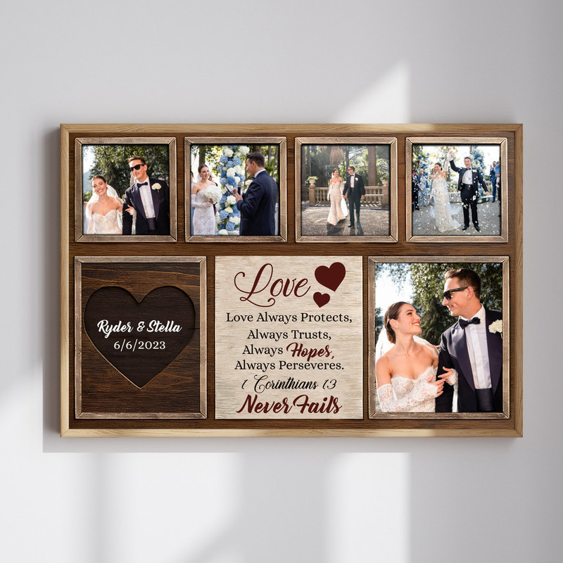 Wedding photo collage with Bible verse canvas wall art, personalized with couple's names and date, Christian decor | Family Wall Decor