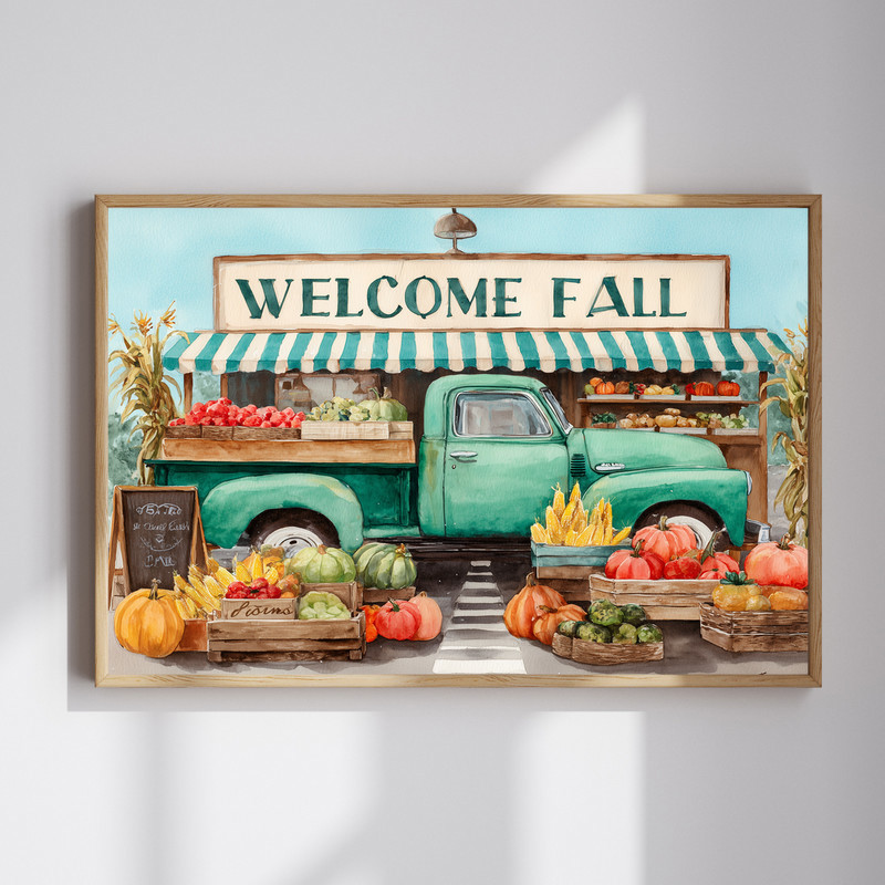 Welcome Fall green truck canvas wall art with pumpkins and sunflowers, rustic harvest market sign, perfect for entryway decor | Familywalldecor