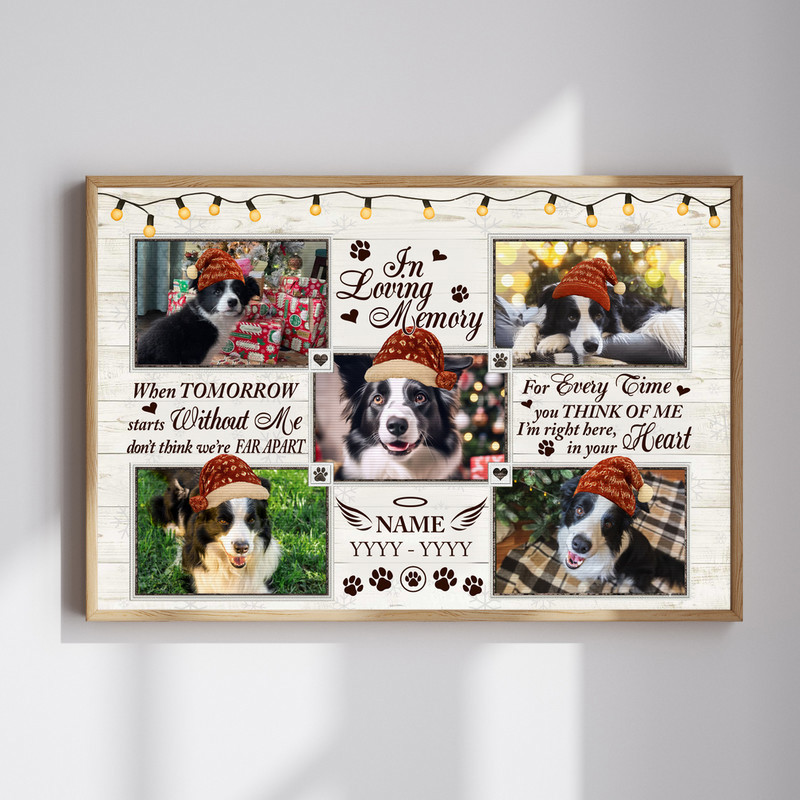 Dog memorial canvas wall art personalized with name and dates, farmhouse Christmas style, 'When Tomorrow Starts Without Me'. | Familywalldecor
