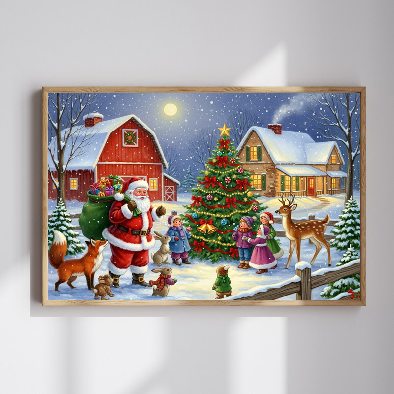 Whimsical Christmas barn entryway canvas wall art featuring Santa, children, and farm animals in a charming holiday scene | Family Wall Decor