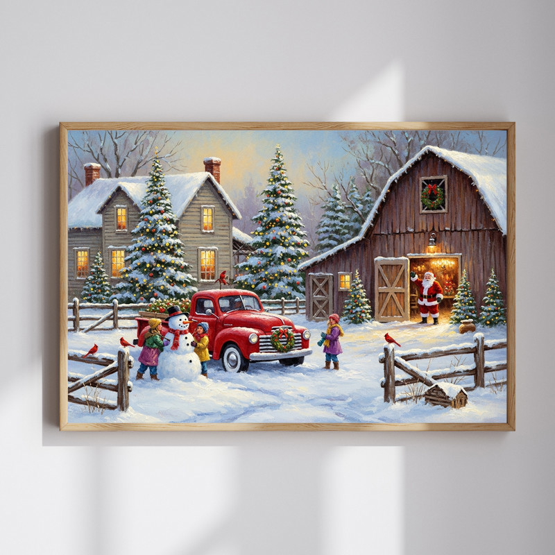 Whimsical Christmas barn with Santa and reindeer canvas wall art for entryway decor, snowy farmhouse holiday scene | Family Wall Decor