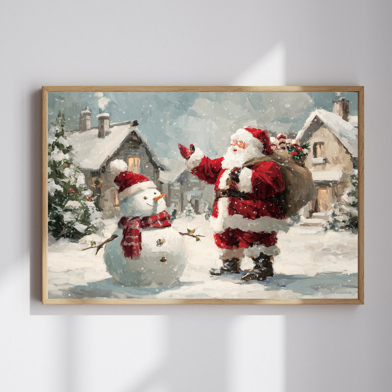 Whimsical Santa and snowman canvas wall art for hallway decor, festive winter scene in red and snowy white, holiday accent. | Familywalldecor