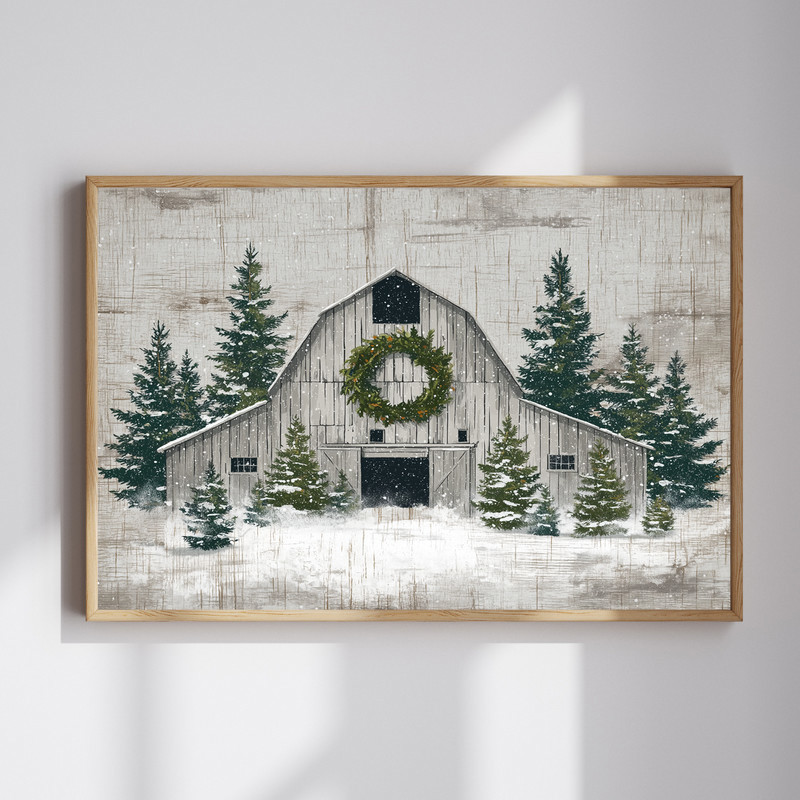 Winter barn scene canvas wall art, neutral Christmas farmhouse decor with snowy barn and pines, perfect for entryway walls | Familywalldecor