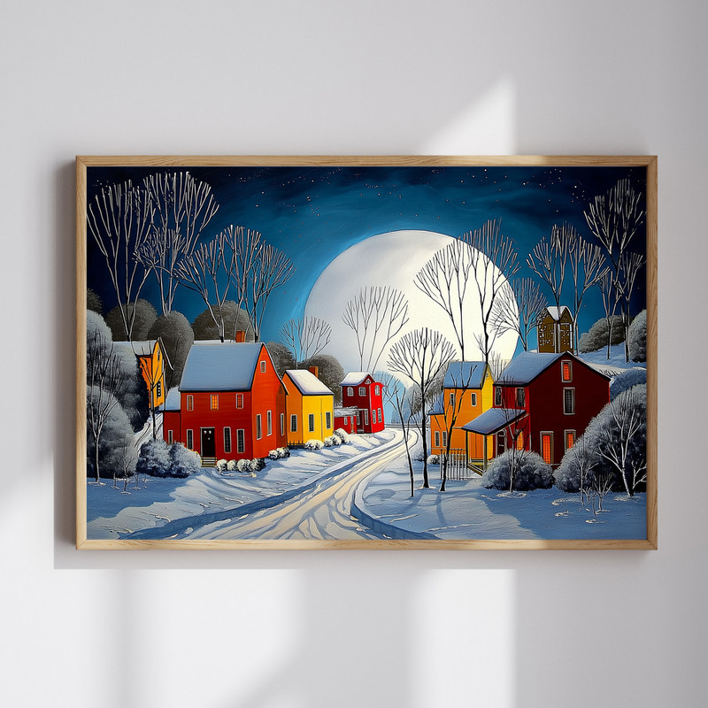 Winter moonlit village canvas wall art with snowy cottages and glowing windows, perfect for Christmas entryway decor | Familywalldecor