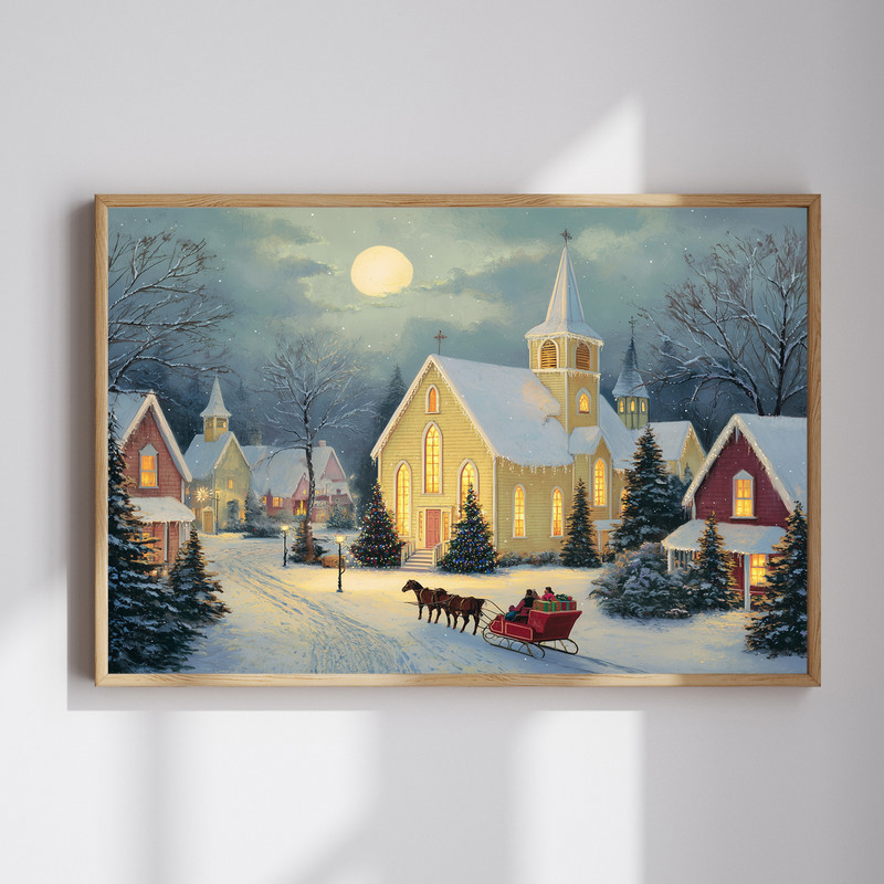 Christmas sleigh ride to the church canvas wall art for entryway, snowy landscape with horse-drawn sleigh and steepled chapel | Familywalldecor
