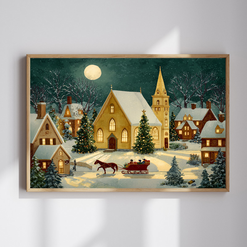 Winter sleigh ride to church canvas wall art, snowy scene with horse drawn sleigh, pine trees, and warm lit chapel | Familywalldecor