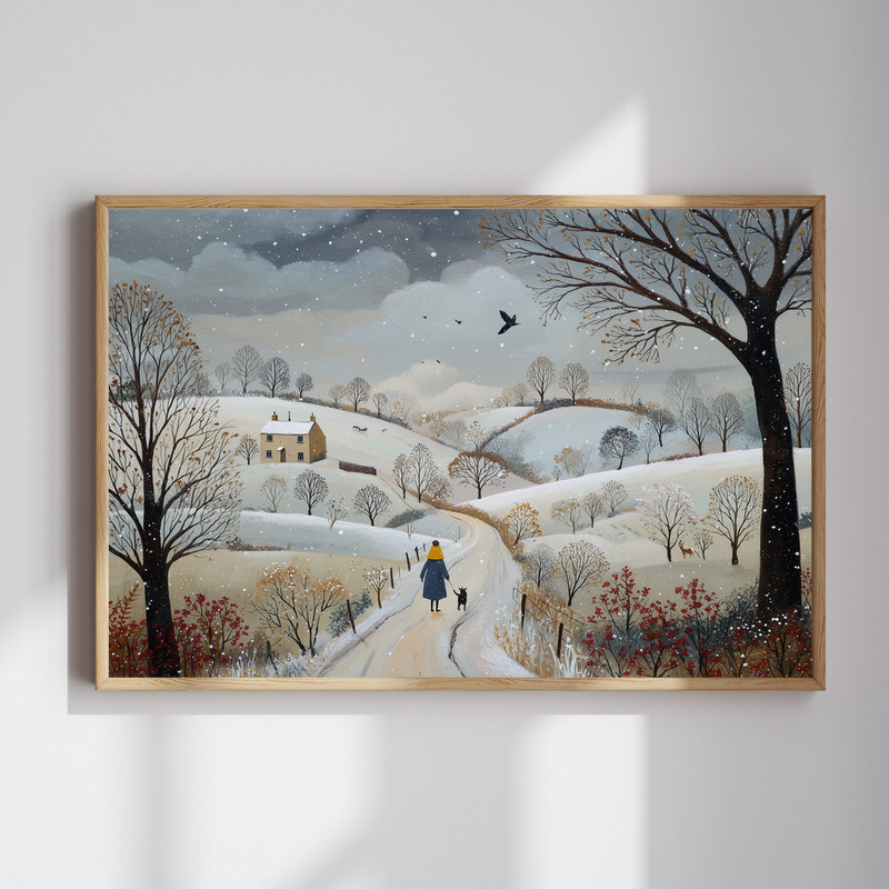 Winter countryside Christmas canvas wall art with a snowy walking path and pines, ideal for festive entryway seasonal decor | Familywalldecor
