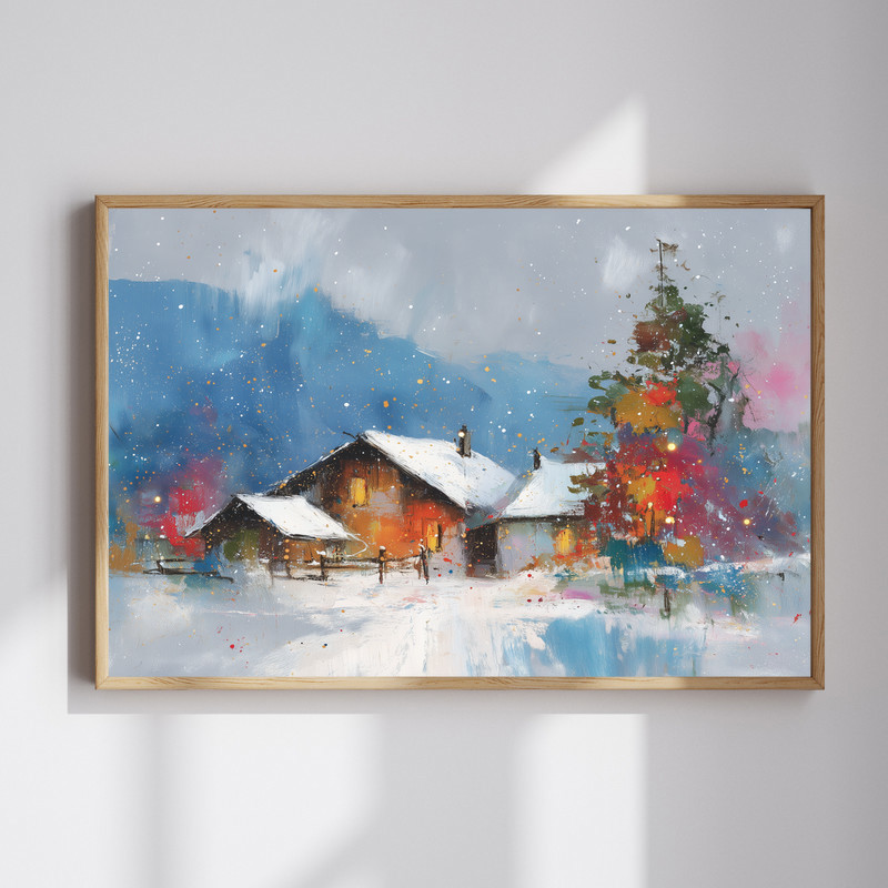 Winter wonderland cottage canvas wall art, watercolor landscape for hallway decor, snowy scene with cozy cottage and pines. | Familywalldecor