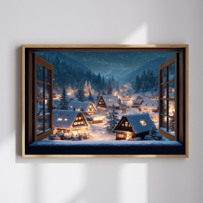 Winter wonderland canvas wall art with window view of a Christmas village, rooftops and warm lights for hallway decor | Familywalldecor