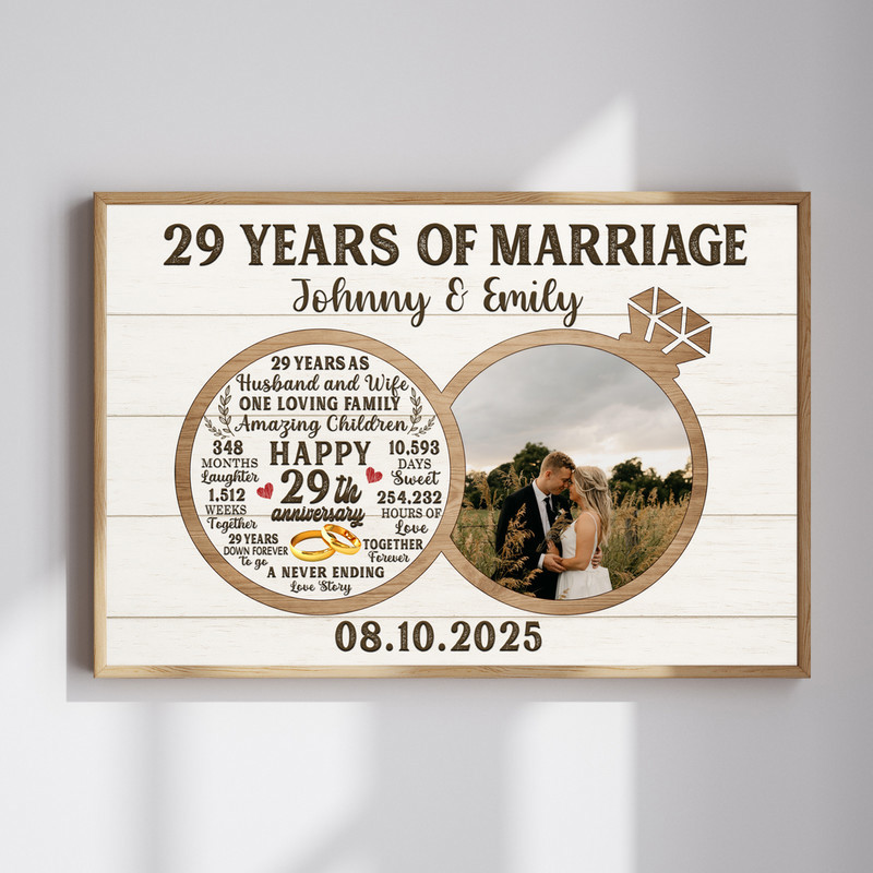 29 years together photo collage canvas with custom photos, names, and date in rustic farmhouse style, gift for couples | Familywalldecor