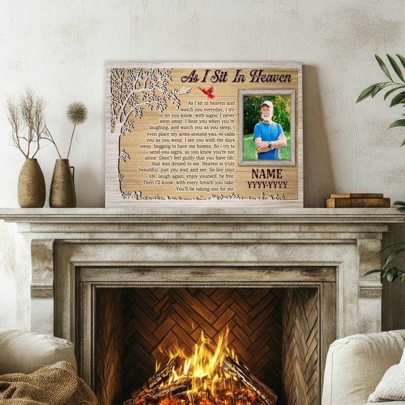 As I Sit In Heaven poem canvas wall art with custom photo, name and dates, blue sky clouds background, living room memorial
