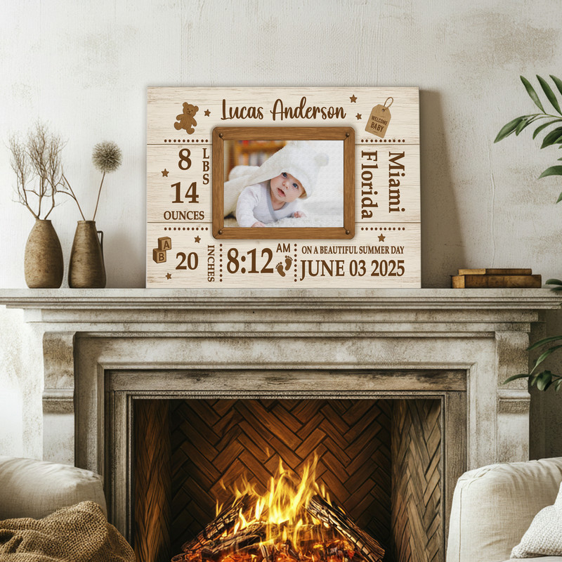 Birth announcement canvas wall art, landscape layout in soft palette, custom name, date, weight and length for nursery decor