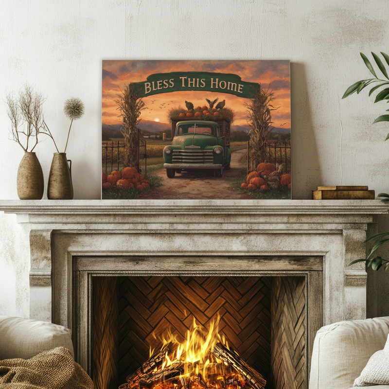 Bless This Home green truck farmhouse gate canvas wall art with Bless This Home script, rustic welcome for entryway walls