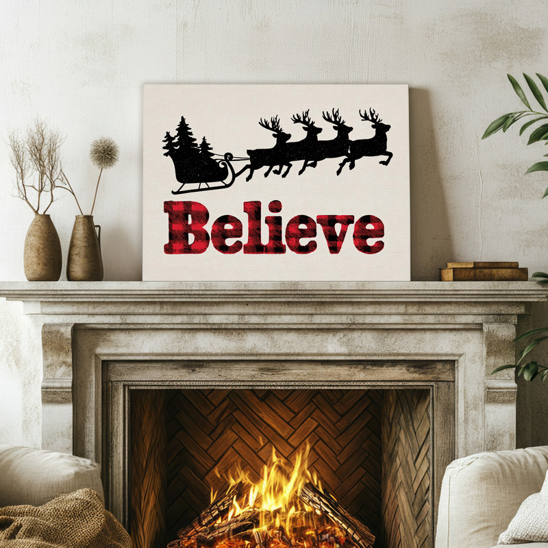 Buffalo plaid Santa sleigh Christmas canvas wall art, festive buffalo check design with Believe text, seasonal hallway accent Buffalo plaid Santa sleigh Christmas canvas wall art, festive buffalo check design with Believe text, seasonal hallway accent