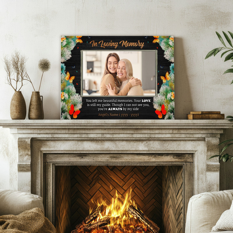 Butterfly memorial canvas wall art with photo frame, customized with loved one's name and dates, thoughtful bereavement decor