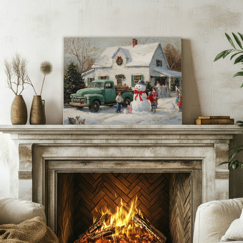Snowy village scene with green truck Christmas canvas wall art, red accents, garland and snowy rooftops for farmhouse foyer