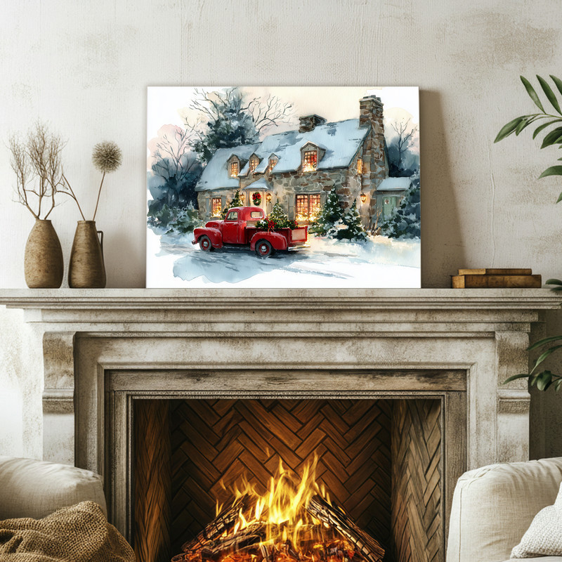 Christmas barn with red truck canvas wall art, vintage farmhouse winter scene with evergreens, holiday gift for homeowners.