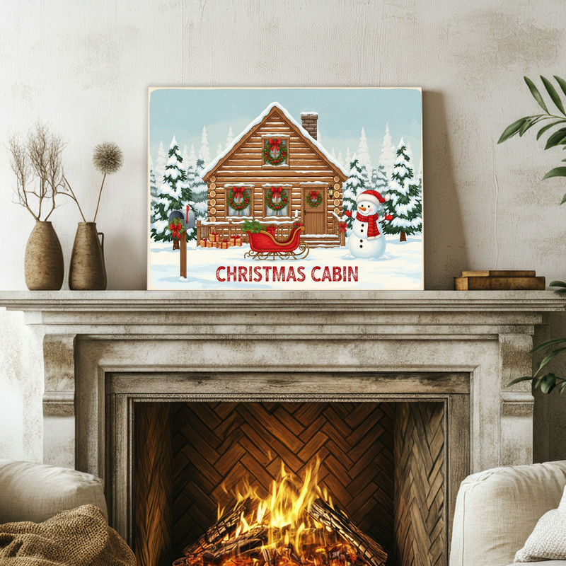 Christmas cabin canvas wall art with moonlit snow and tall pines, rustic charm ideal for seasonal hallway decorating