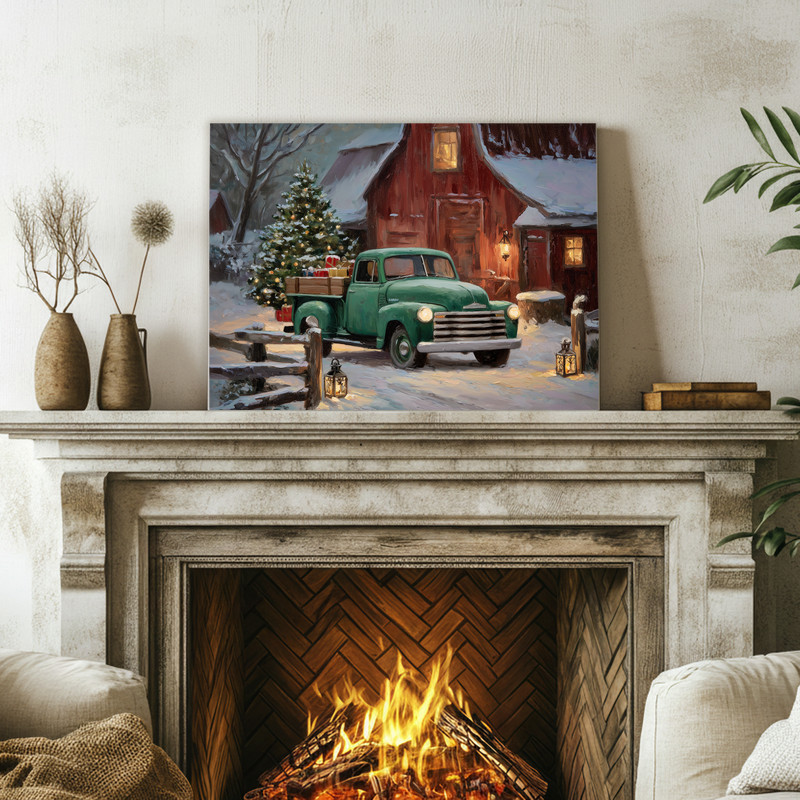 Christmas farmhouse green truck canvas art, festive entryway wall decor featuring classic pickup and seasonal greenery