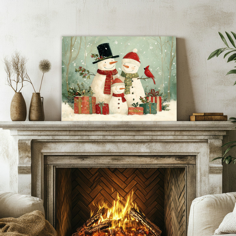 Christmas snowman family in forest canvas wall art, watercolor style and soft whites for serene holiday hallway accent
