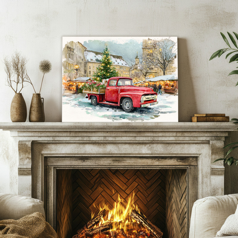 Cozy farmhouse porch canvas wall art, red truck and lantern holiday scene adds welcoming charm to your entryway