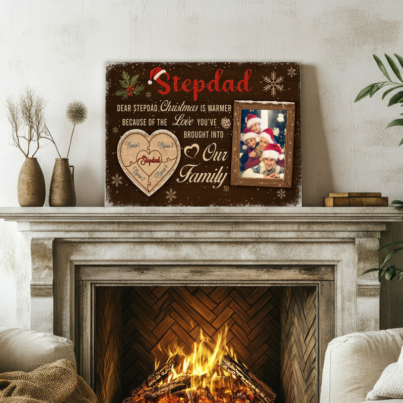 Christmas puzzle photo canvas with shiplap backdrop, personalized with kids' names and photo, farmhouse decor for stepdad