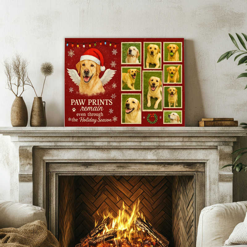 Christmas dog memorial canvas wall art, custom photo collage to remember a companion, add pet name and memorial dates