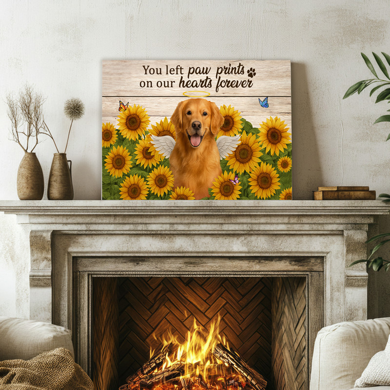Dog memorial portrait canvas in shabby chic farmhouse style, sunflower corner accents, custom dog photo and name; remembrance wall art