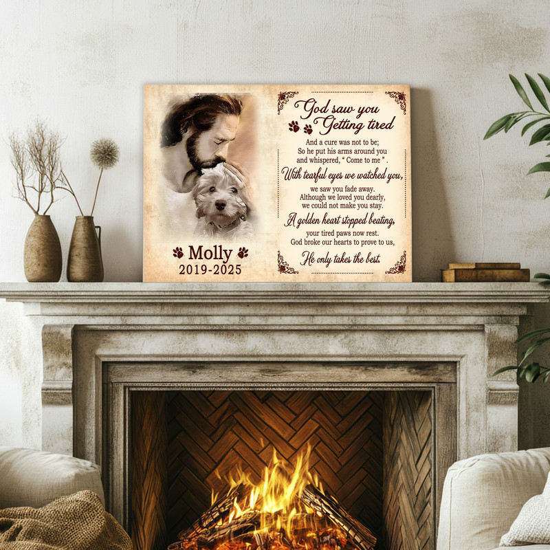 Dog memorial canvas, custom pet portrait with Jesus and angel; add name and dates, sympathy gift for grieving dog mom