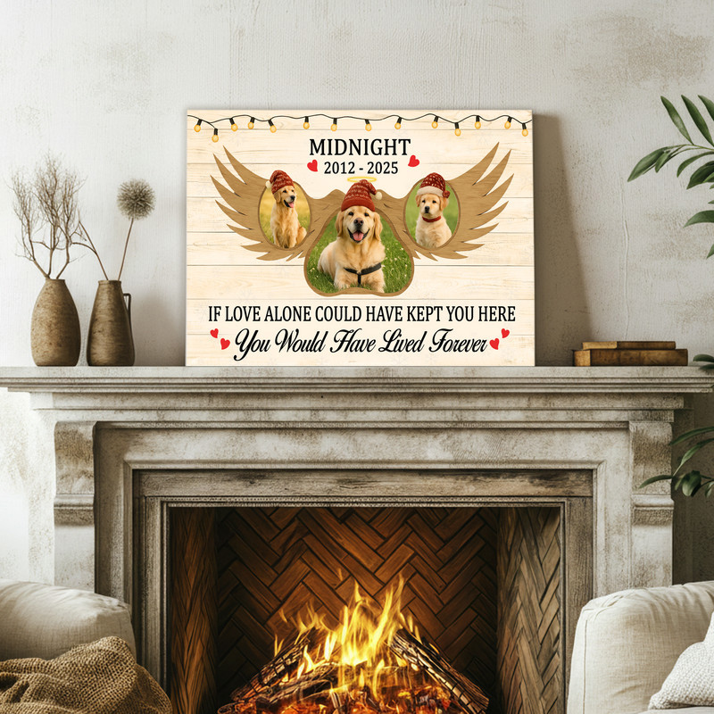 Farmhouse rustic Christmas pet memorial canvas wall art, custom name and dates, sentimental gift for pet parents