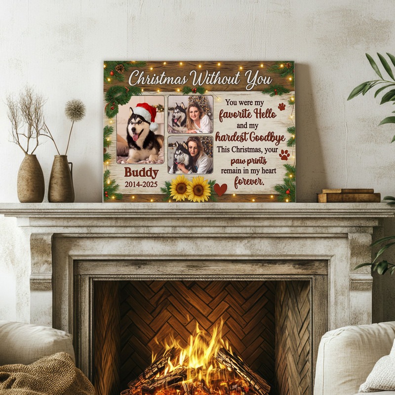 Farmhouse dog memorial canvas wall art photo collage on rustic wood, multiple frames, Christmas memorial decor for mantel