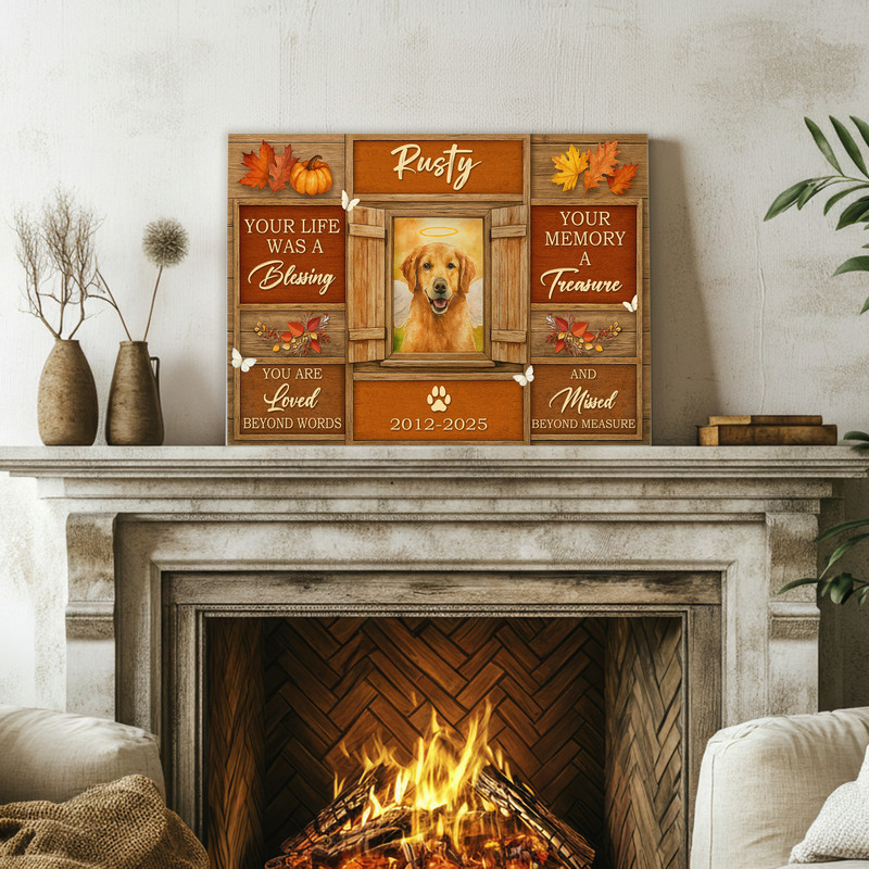 Farmhouse fall dog memorial canvas wall art in burnt orange with rustic edges, custom name and dates, condolence gift