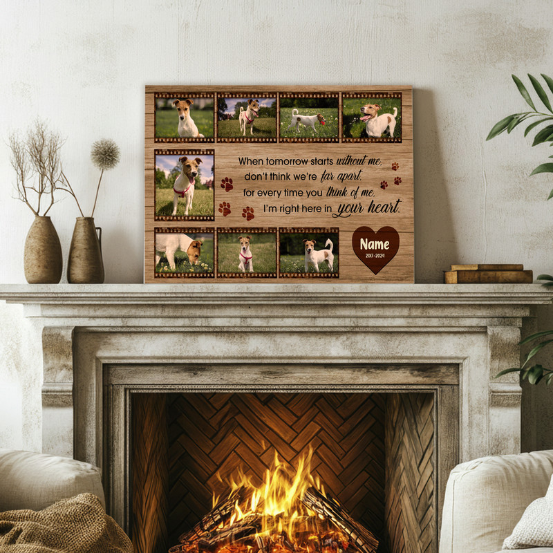 Dog memorial canvas wall art, farmhouse rustic style with custom dog photo collage and film strip frame, thoughtful sympathy gift