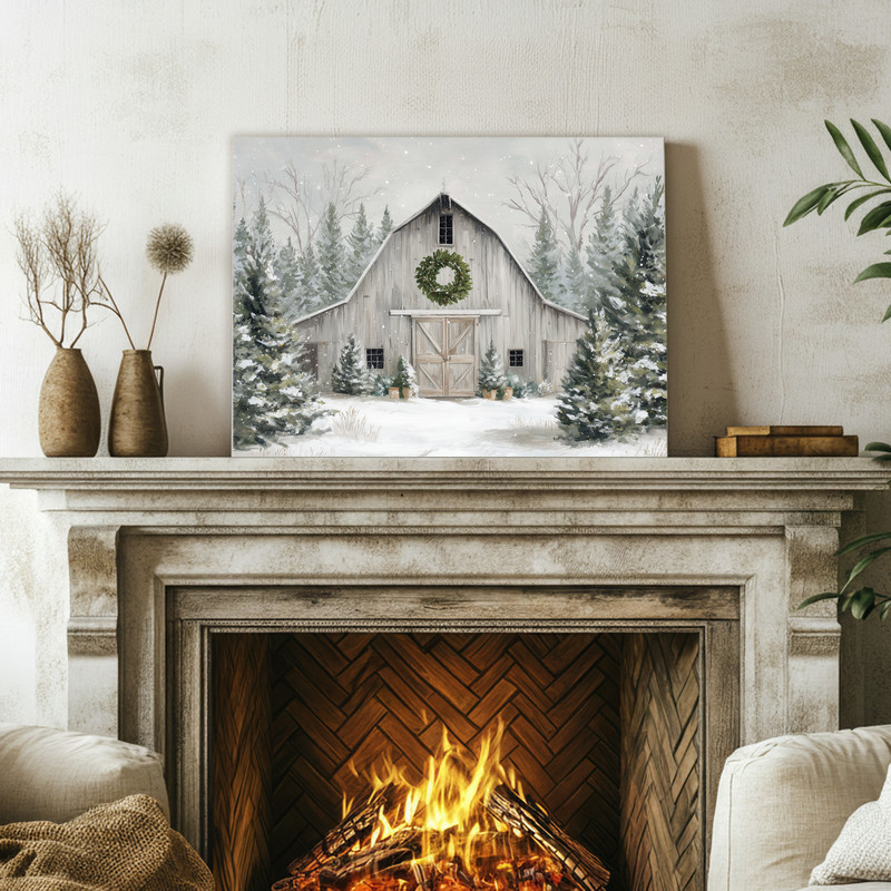 Farmhouse winter charm canvas wall art with rustic barn and fence in serene winter landscape, seasonal decor for mudroom