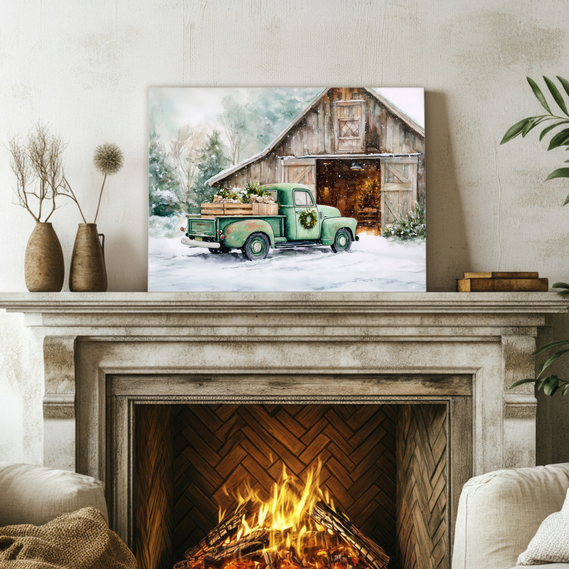 Festive green truck by old barn with Christmas tree textured canvas wall art, vertical orientation, winter farmhouse entryway Festive green truck by old barn with Christmas tree textured canvas wall art, vertical orientation, winter farmhouse entryway