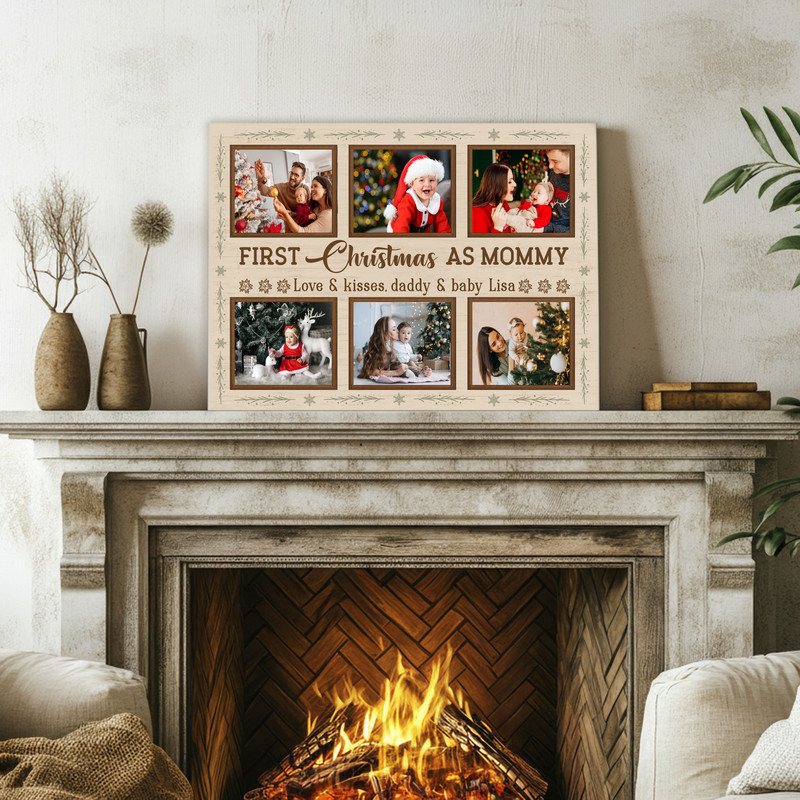 First Christmas as Mommy canvas art, black background with white script, 6‑photo portrait collage, personalized home decor