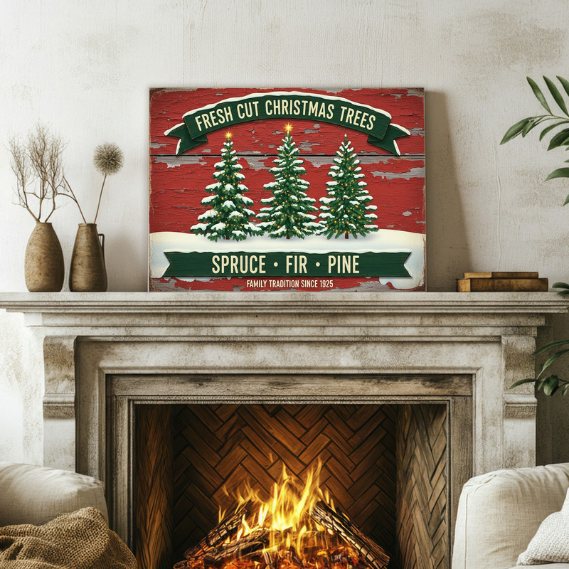 Fresh Cut Christmas Trees sign-style canvas wall art in rustic farmhouse look for hallway decor, simple evergreens and warm neutrals