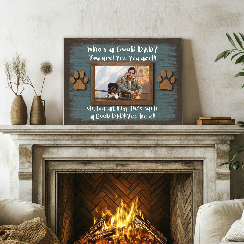 Funny Dog Dad photo frame canvas in weathered gray, personalized with dog photo and name, farmhouse wall art for entryway