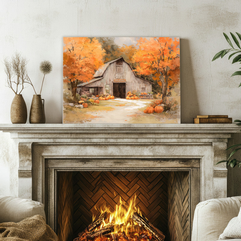 Give Thanks at the Farm canvas wall art, rustic watercolor barn, golden fields and falling leaves, harvest decor for entryway