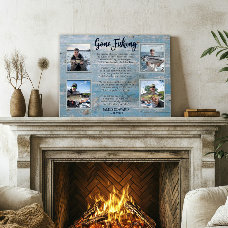 Gone Fishing tribute collage canvas wall art with multi-photo layout; personalized with name, dates and a remembrance message