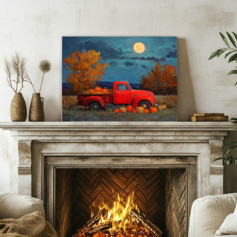 Harvest Moon red truck evening oil painting canvas wall art for entryway decor, night country scene with warm amber glow