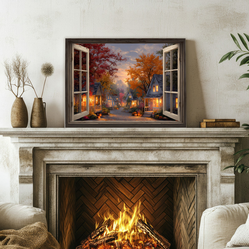 Thanksgiving village landscape canvas wall art, harvest window view with cozy cottages and trees, seasonal hallway wall decor