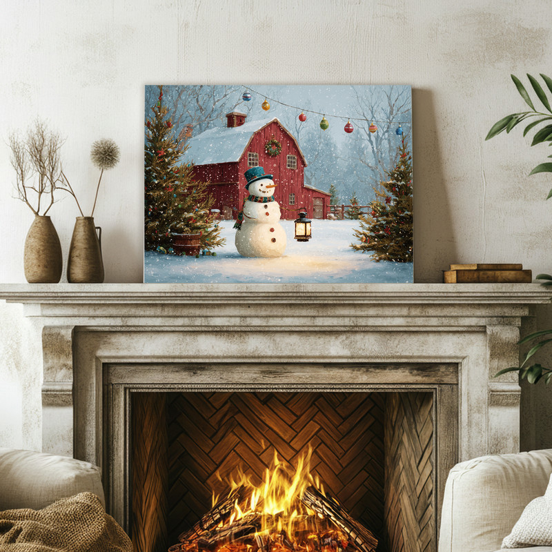 Holiday cheer in snowy barnyard Christmas tree scene canvas wall art, farmhouse style barn and tree, hallway holiday decor