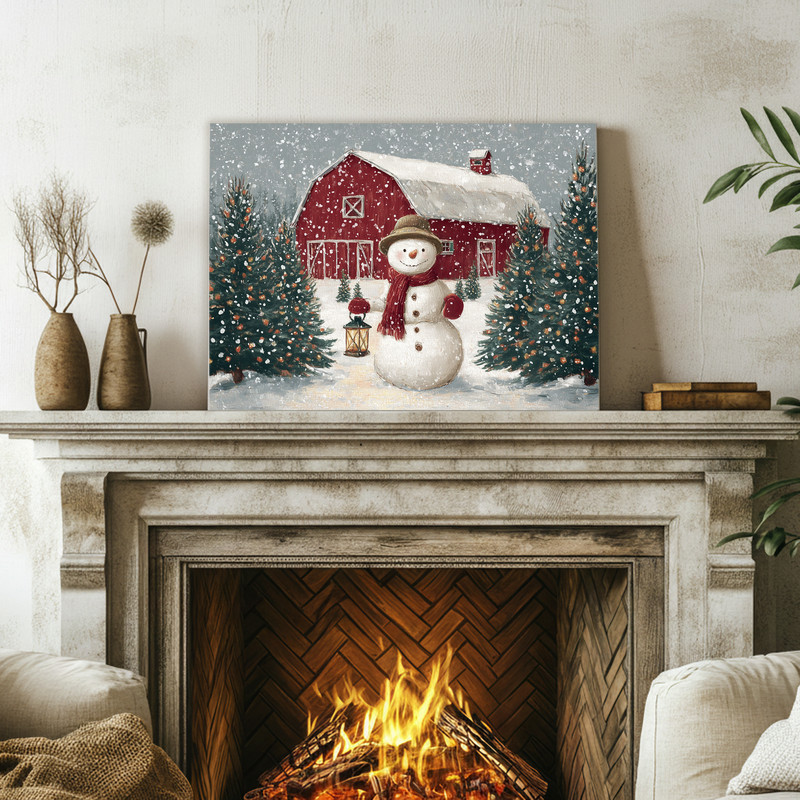 Jolly snowman by lantern canvas wall art, Christmas tree farm vibes, welcoming holiday hallway decor, snowy tree farm canvas.