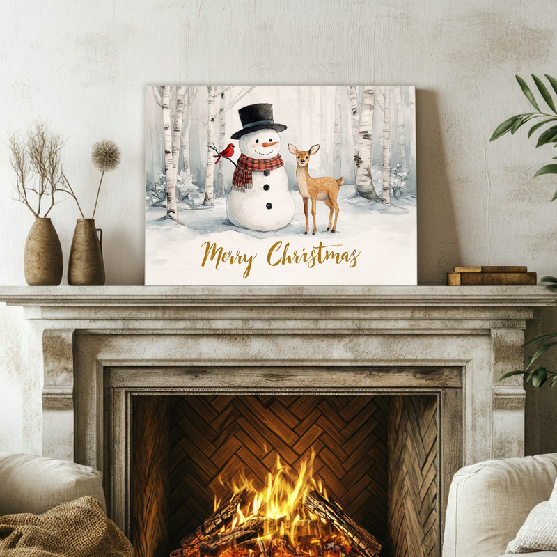 Joyful snowman and reindeer canvas wall art enhances hallway decor, a charming winter accent for a warm seasonal welcome