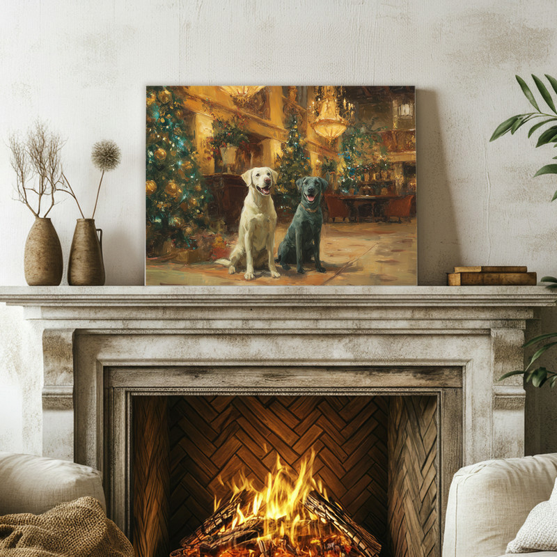 Labradors’ Christmas Delight canvas wall art, red and green festive hall scene with Labradors, warm accent for hallway decor