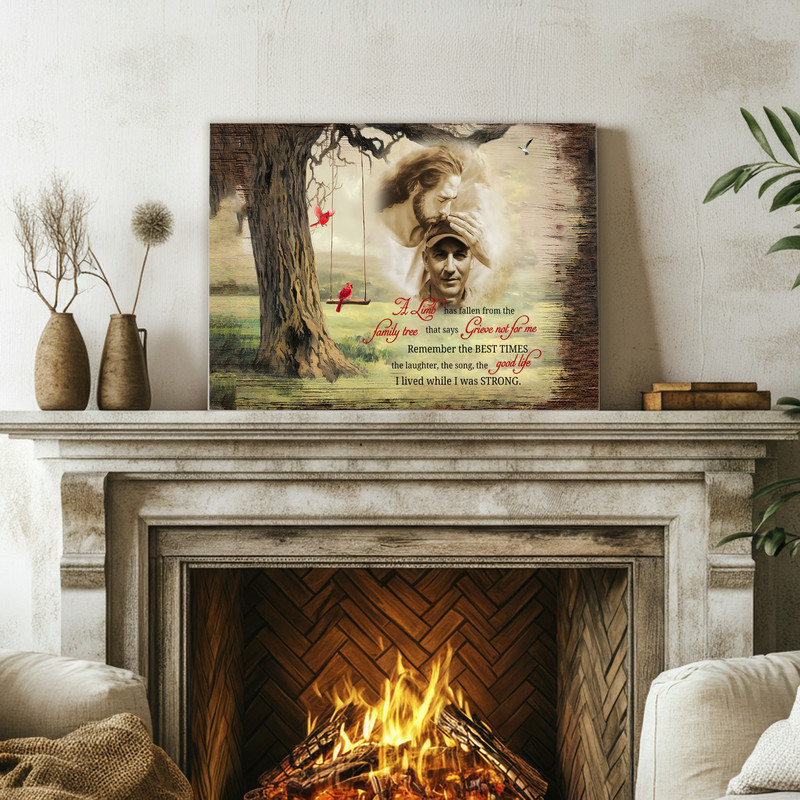 Memorial canvas wall art featuring A Limb Has Fallen poem and cardinals, personalized with names and dates for remembrance