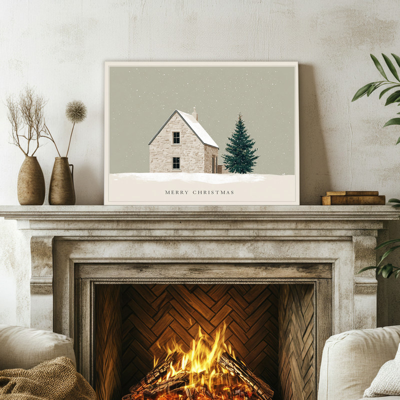 Merry Christmas canvas wall art, watercolor style winter cottage and pine tree, subtle palette suited to hall decor