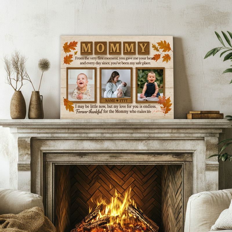 Thanksgiving photo collage canvas for new mom, custom photos with name, boho earthy tones, landscape living room wall decor